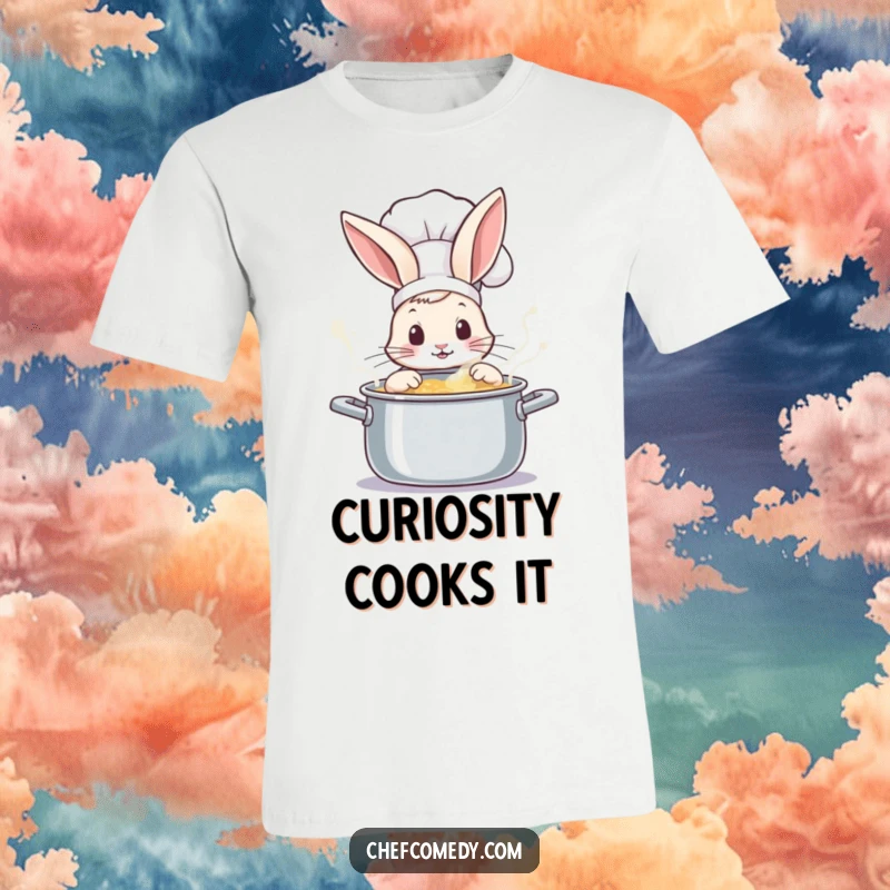 Adorable curious rabbit chef peeking into a magical, bubbling pot, a charming and funny t-shirt design.