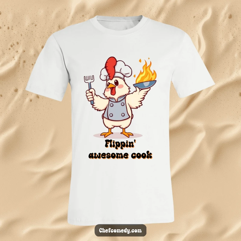 Funny t-shirt depicting a stylish chicken chef dramatically tossing a flaming frying pan high in the air, perfect for food lovers.