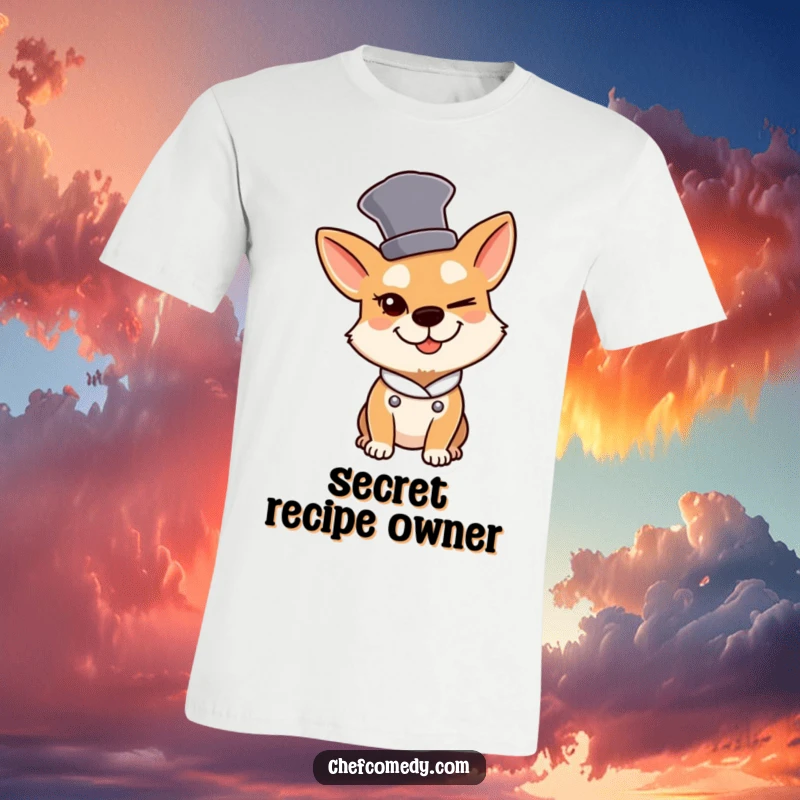 Funny Dog Chef T-Shirt: A dog wearing a tall chef hat winks slyly, looking confident and humorous.