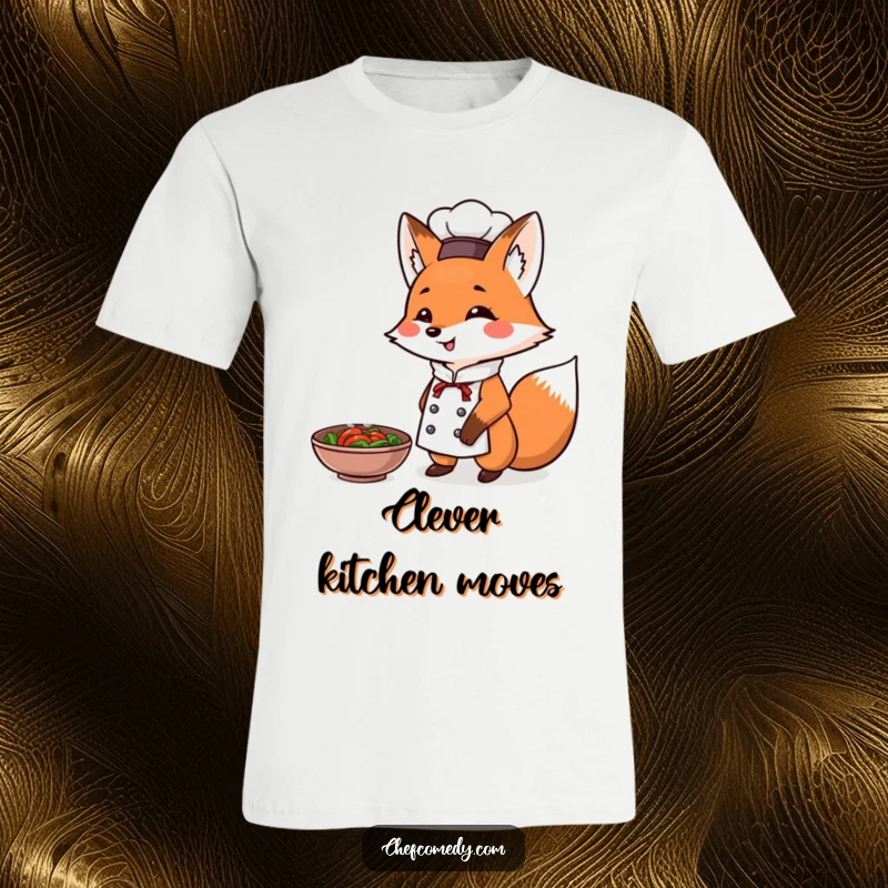 Funny Fox Chef T-Shirt: A fox chef triumphantly presents a steaming dish, showcasing culinary success and witty charm.