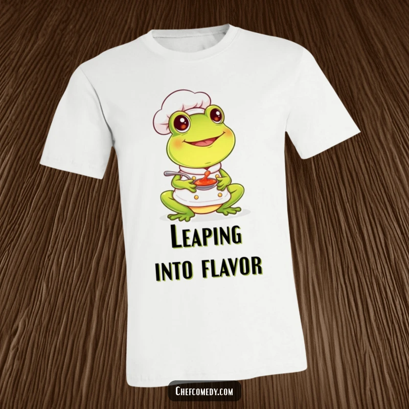 Funny frog chef with a happy smile tasting sauce, printed on a comfortable t-shirt, spreading joy.