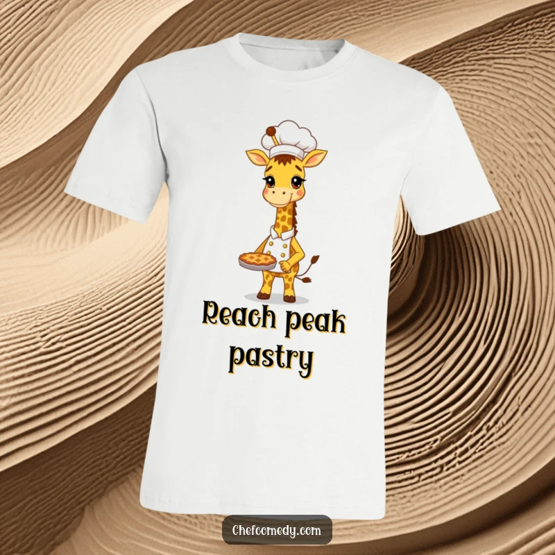 Funny Giraffe Chef T-Shirt: Tall, proud giraffe baker holding a delicious pie, showcasing baking pride and humor.