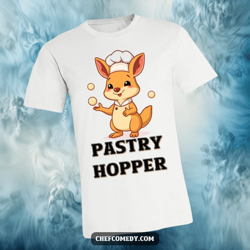 Funny kangaroo chef t-shirt featuring a cheerful marsupial baker juggling tiny balls of pastry dough, highlighting culinary skill.