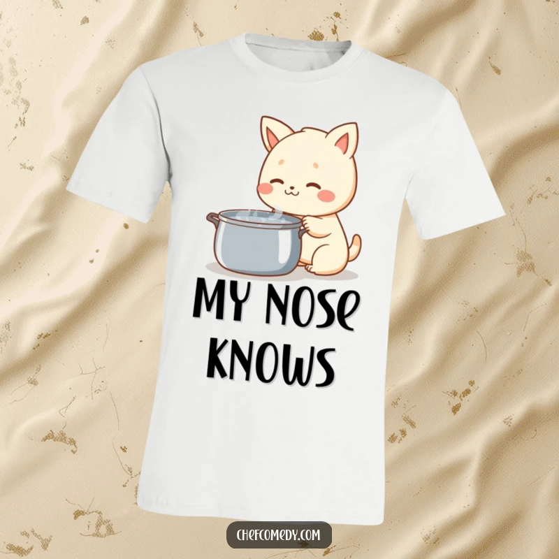 Funny Kawaii Animal T-Shirt, joyfully sniffing a steaming pot, representing curiosity and culinary delight for gift-givers.