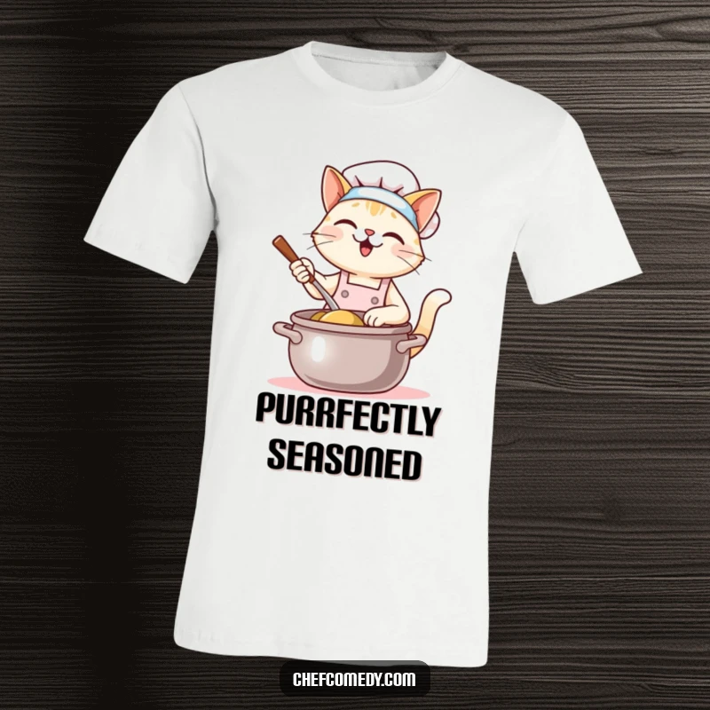 Funny Kawaii Cat Chef T-Shirt: A cute cat chef happily stirs a giant pot while wearing an apron. Adorable and humorous cooking attire.
