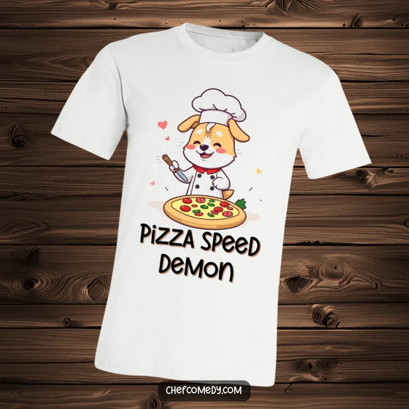 Funny Kawaii Dog Chef T-Shirt, showing a joyful cartoon dog artist speed-decorating a pizza with toppings, a humorous wearable.
