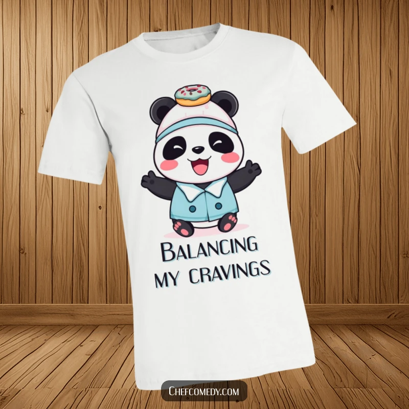 Funny panda chef balancing a stack of colorful donuts on its head, printed on a comfortable t-shirt.