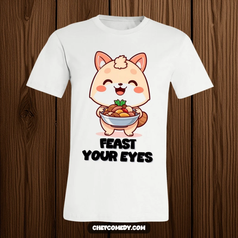 Funny kawaii animal t-shirt, beaming with a proud smile, presenting a delicious dish it has masterfully created.