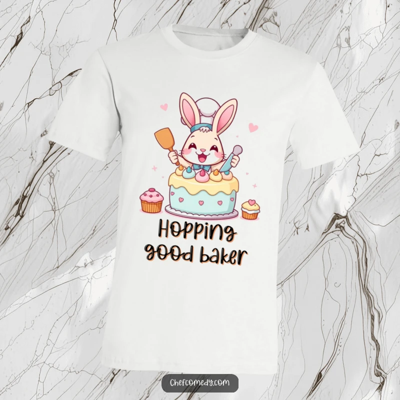 Funny Rabbit Chef T-Shirt featuring a rabbit excitedly frosting a cake, ideal for baking enthusiasts.