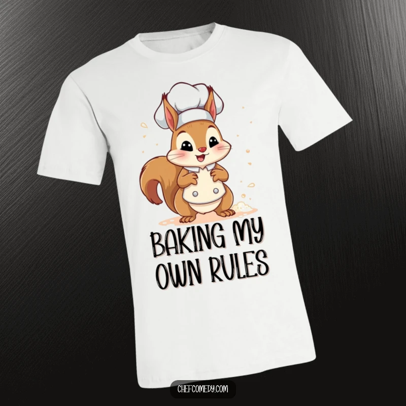 Funny squirrel chef character with a happy chest puff, playfully sprinkling flour, printed on a comfortable t-shirt.