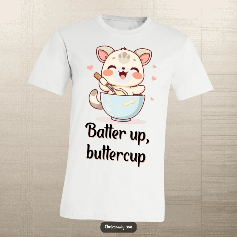 Funny kawaii animal t-shirt, enthusiastically whisking batter in a bowl, capturing the joy of baking preparation.