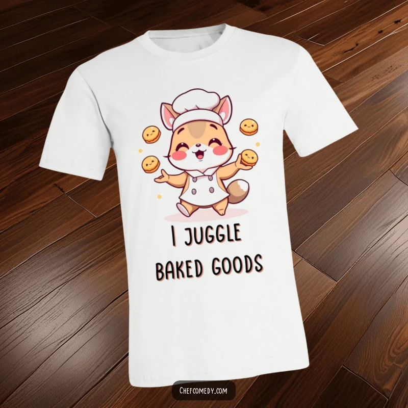 Funny t-shirt: A skilled chef animal character playfully juggles several small, round pastries, highlighting kitchen antics.