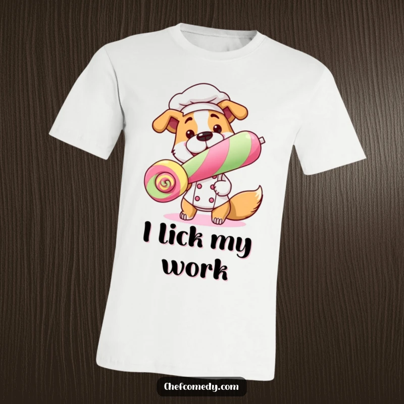 Funny Dog Chef T-Shirt featuring a dog chef proudly holding a colorful lollipop, great for pet lovers.
