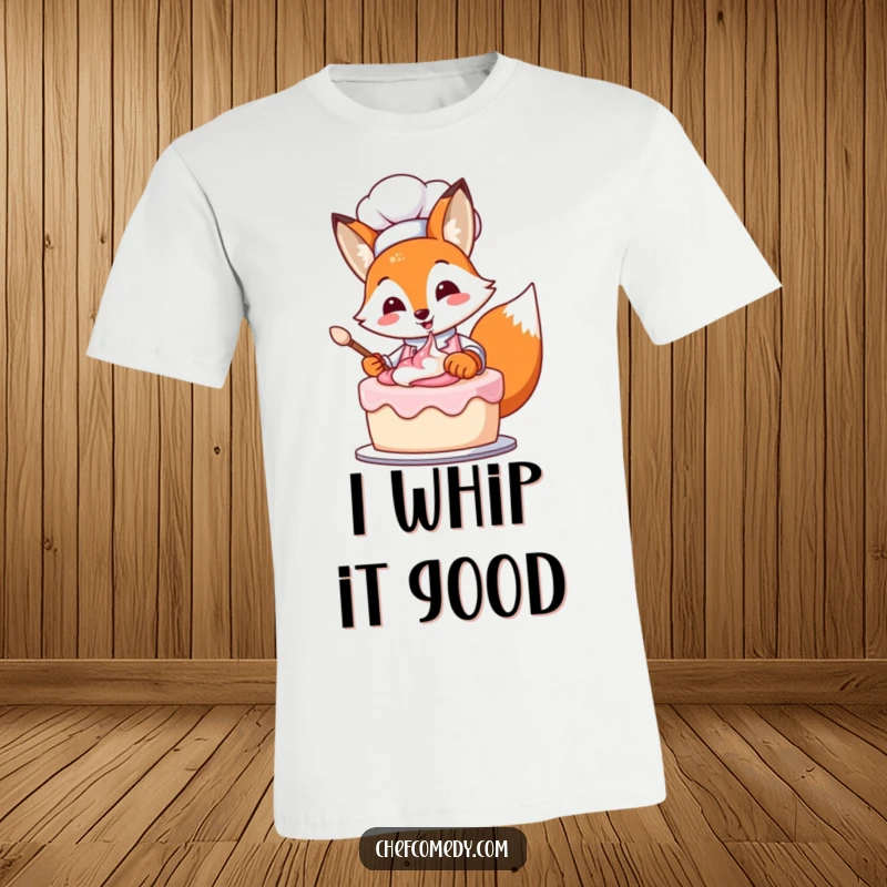 Funny animated fox chef joyfully frosting a vibrant cake, celebrating culinary creativity on a t-shirt.