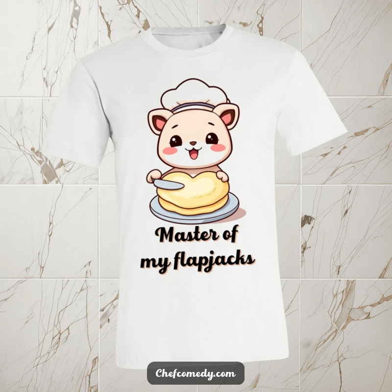 Funny kawaii animal t-shirt, dressed as a chef, joyfully flipping a heart-shaped pancake with a proud smile.