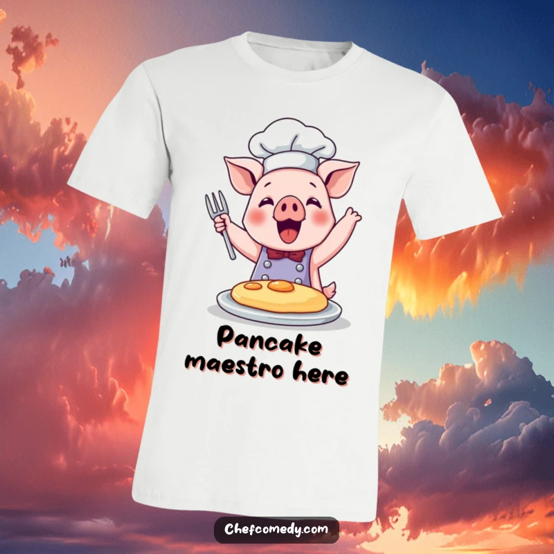 Funny t-shirt with a graphic of a cute pig chef skillfully and joyfully flipping a pancake with a spatula.