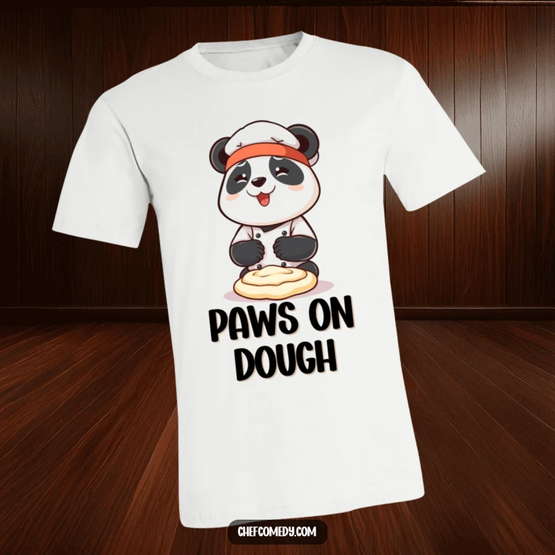 Funny panda chef character enthusiastically kneading dough with both paws, looking happy, ideal for foodie gifts.