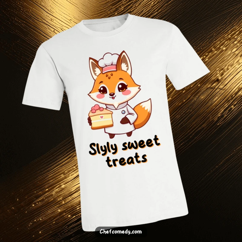 Funny t-shirt featuring a proud fox chef character presenting a slice of cake, ideal for bakers and a sophisticated funny gift.
