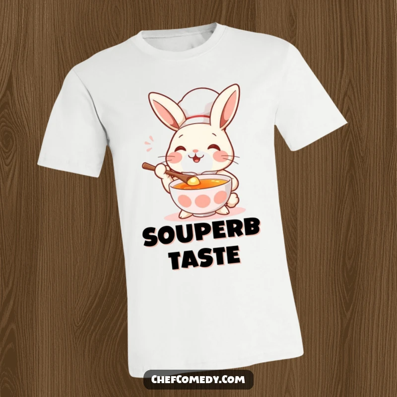 Funny rabbit chef tasting soup with a spoon, a look of pure delight, humorous apparel.