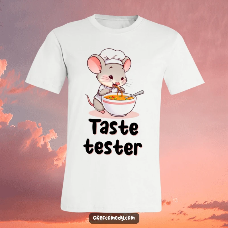 Funny t-shirt depicting a mouse chef character curiously tasting a bowl of soup, showcasing a delightful culinary experiment.