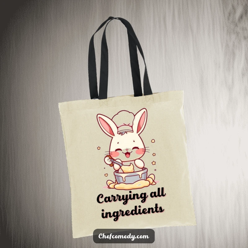 Funny tote bag featuring an enthusiastic rabbit chef character mixing batter, ideal for carrying baking supplies with a humorous touch.