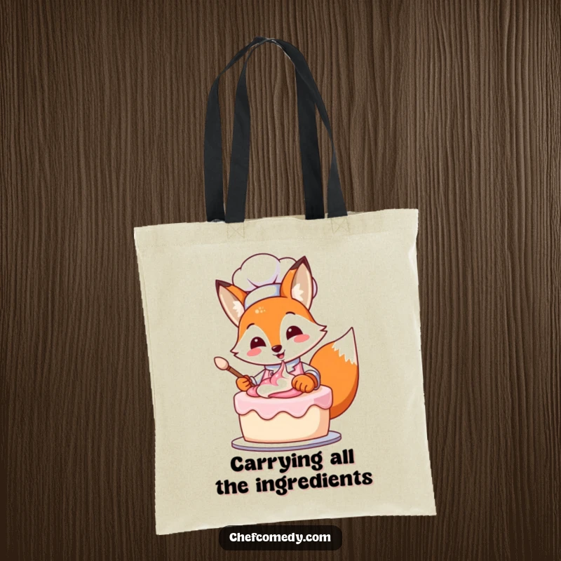 Charming fox chef humorously frosting a cake, depicted on a practical and funny tote bag for everyday use.