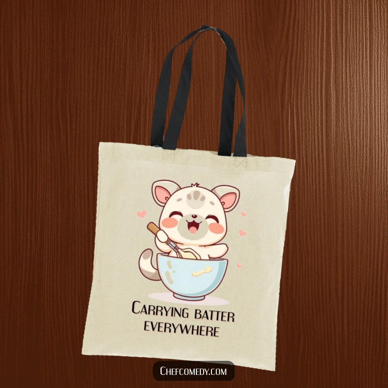 Funny kawaii animal tote bag, joyfully whisking batter in a bowl, perfect for carrying baking ingredients and more.