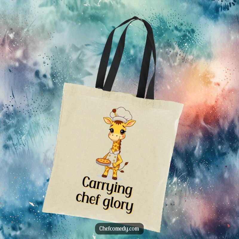 Funny Giraffe Chef Tote Bag: Tall, proud giraffe baker with a delicious pie, a stylish and humorous carry-all.
