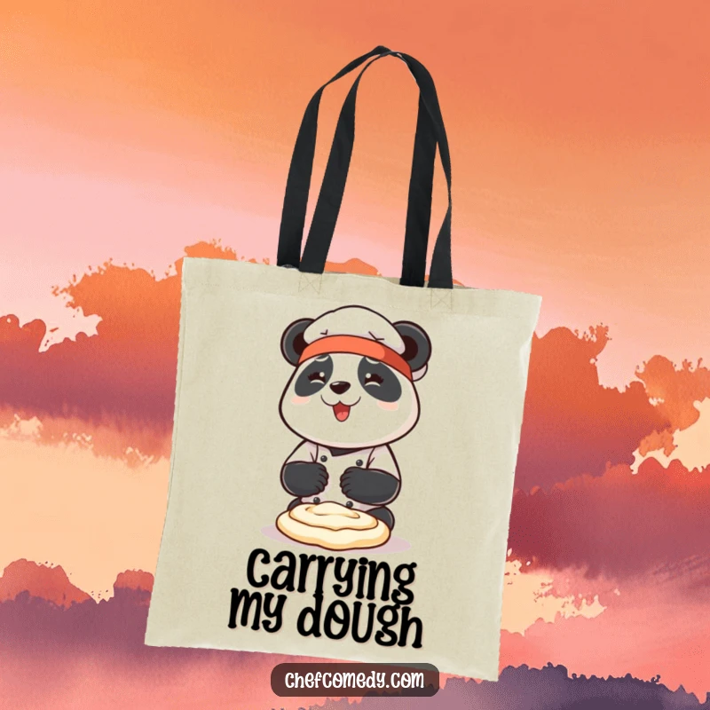 Funny panda chef character enthusiastically kneading dough with both paws on a durable tote bag, perfect for shopping.