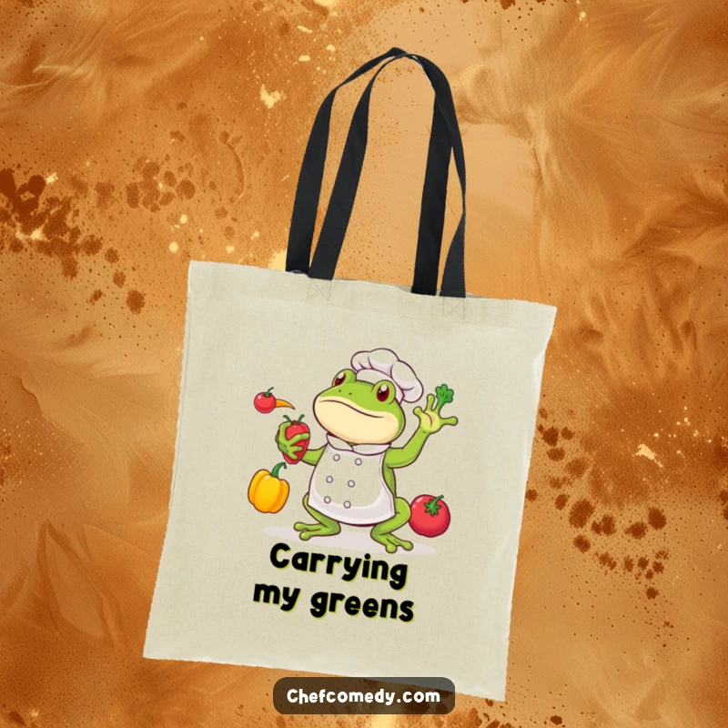 Funny frog chef character juggling colorful vegetables like carrots and peppers, on a durable tote bag for markets.