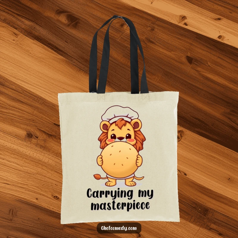 Funny lion chef character proudly presenting a large, round bread loaf on a durable tote bag, ideal for shopping.