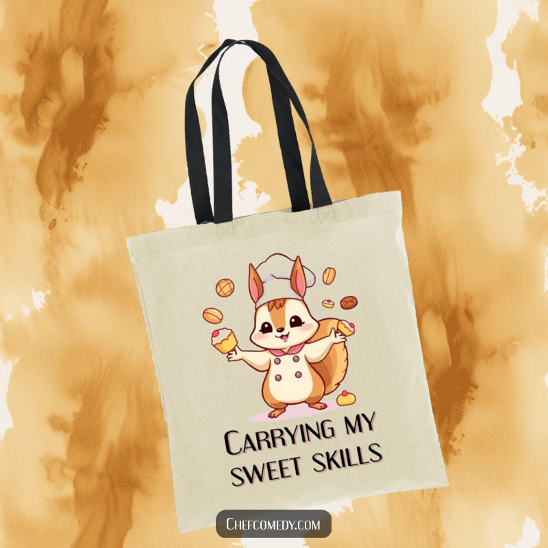 Funny Kawaii Squirrel Chef Tote Bag: A busy kawaii squirrel chef is humorously depicted juggling many tiny, delightful pastries, making errands fun.