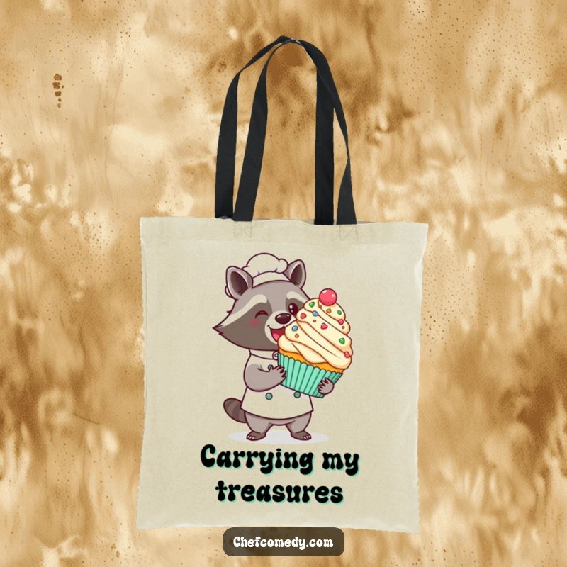 Funny kawaii raccoon chef tote bag, a proud raccoon presenting a giant decorated cupcake with a flourish, perfect for groceries.