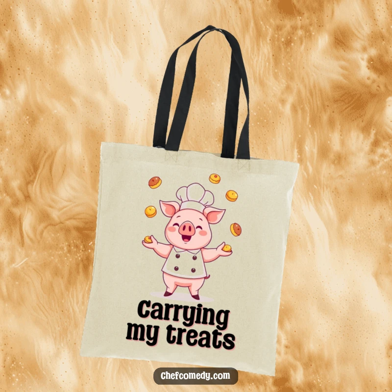 Funny kawaii pig chef tote bag, a cute pig in chef attire gleefully juggling tiny pastries, perfect for carrying baked goods and smiles.