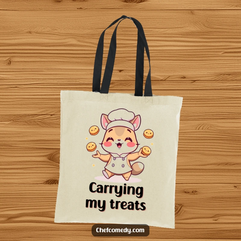 Funny tote bag: A chef animal juggles pastries playfully, perfect for carrying groceries or baked goods with humor.