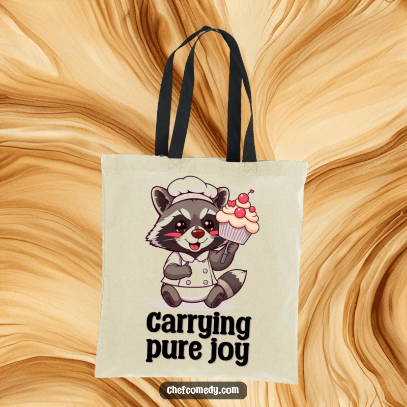 Funny Kawaii Raccoon Chef Tote Bag: A raccoon chef proudly presents a giant cupcake, perfect for carrying baking essentials or daily items.