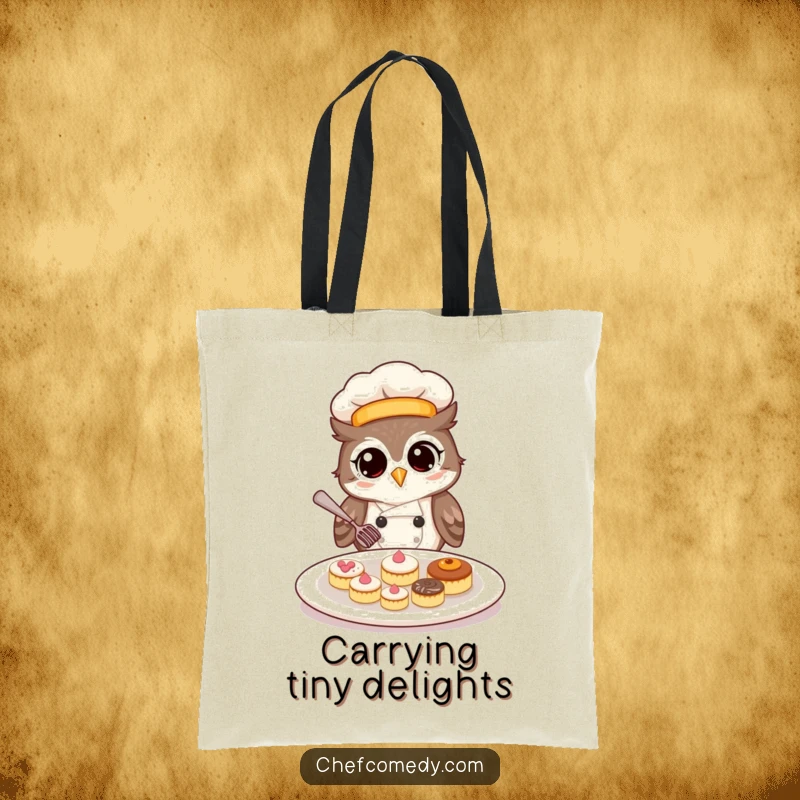Clever owl chef illustration on a tote bag, meticulously arranging pastries, offering a humorous and functional accessory.