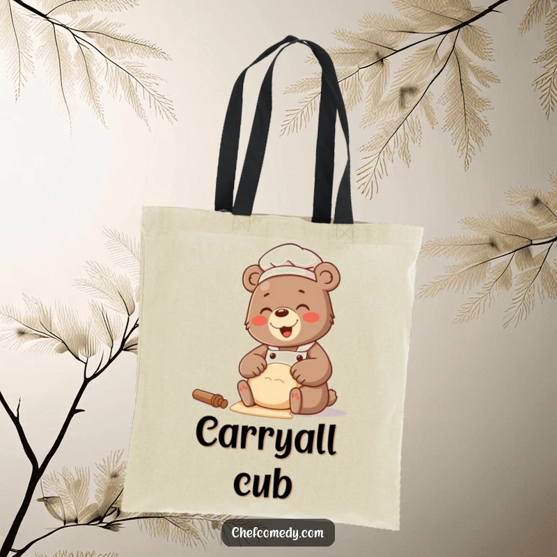 Funny tote bag showcasing a happy, giggling bear chef busy kneading a large ball of dough.