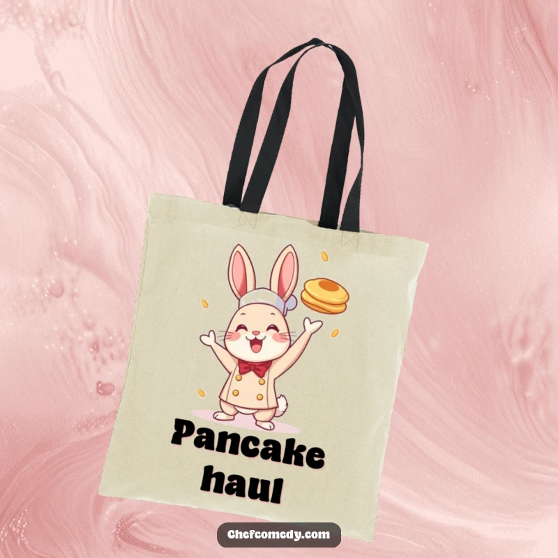 Funny tote bag with a cheerful rabbit chef tossing a pancake, perfect for carrying groceries and showing love for breakfast.