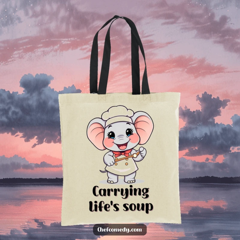 Funny Elephant Chef Tote Bag: Happy elephant chef proudly holding a giant spoon, a stylish and humorous carry-all.