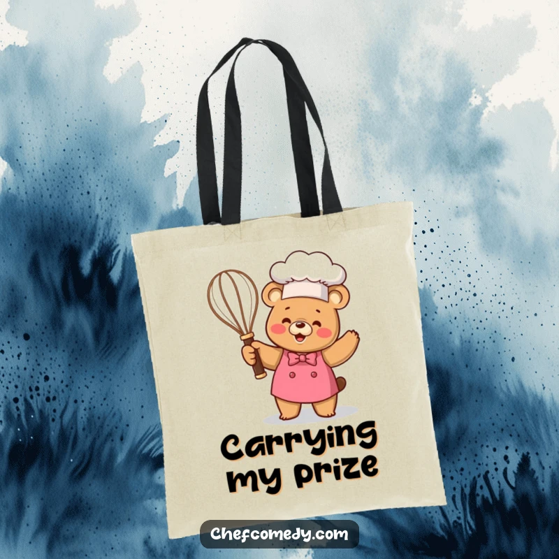 Funny Kawaii Bear Chef Tote Bag, a happy cartoon bear holding a giant whisk trophy, practical and humorous for shopping.