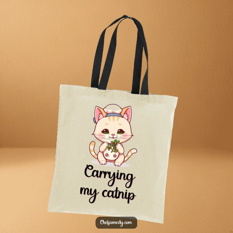 Funny Kawaii Cat Chef Tote Bag, a cute cartoon cat happily sniffing herbs, practical and humorous for shopping and errands.