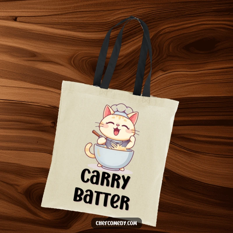 Funny kawaii cat chef tote bag design of a cat chef whisking batter, perfect for grocery runs or baking supplies.