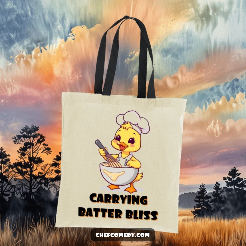 Funny Kawaii Duck Chef Tote Bag, a cheerful cartoon duck whisking batter, practical and humorous for shopping.