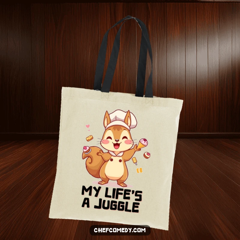 Funny Kawaii Squirrel Chef Tote Bag: A squirrel chef playfully juggles tiny pastries, perfect for carrying baking essentials or daily items.