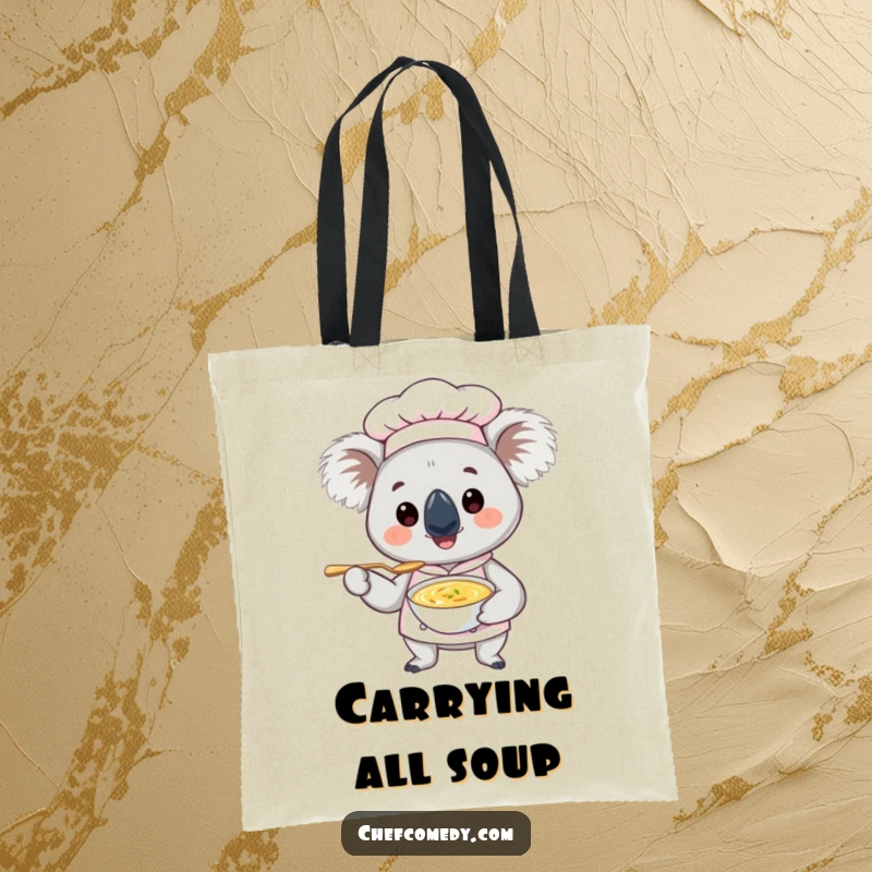 Funny Koala Chef Tote Bag: Cute koala chef with a tiny spoon of soup, a humorous design for stylish, practical carrying.