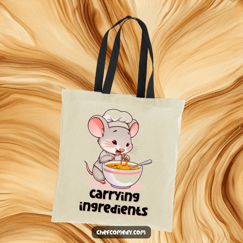 Funny tote bag showing a mouse chef character curiously tasting soup, perfect for carrying culinary essentials with charm.