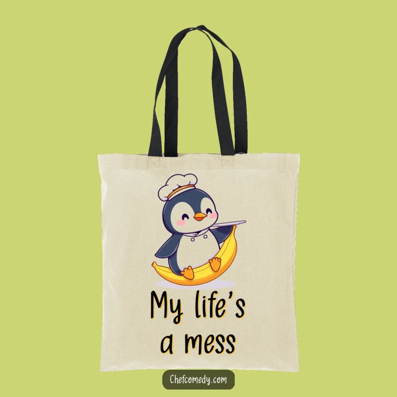 Funny Penguin Chef Tote Bag: Banana Peel Slip Design, a Spacious and Funny Gift Bag