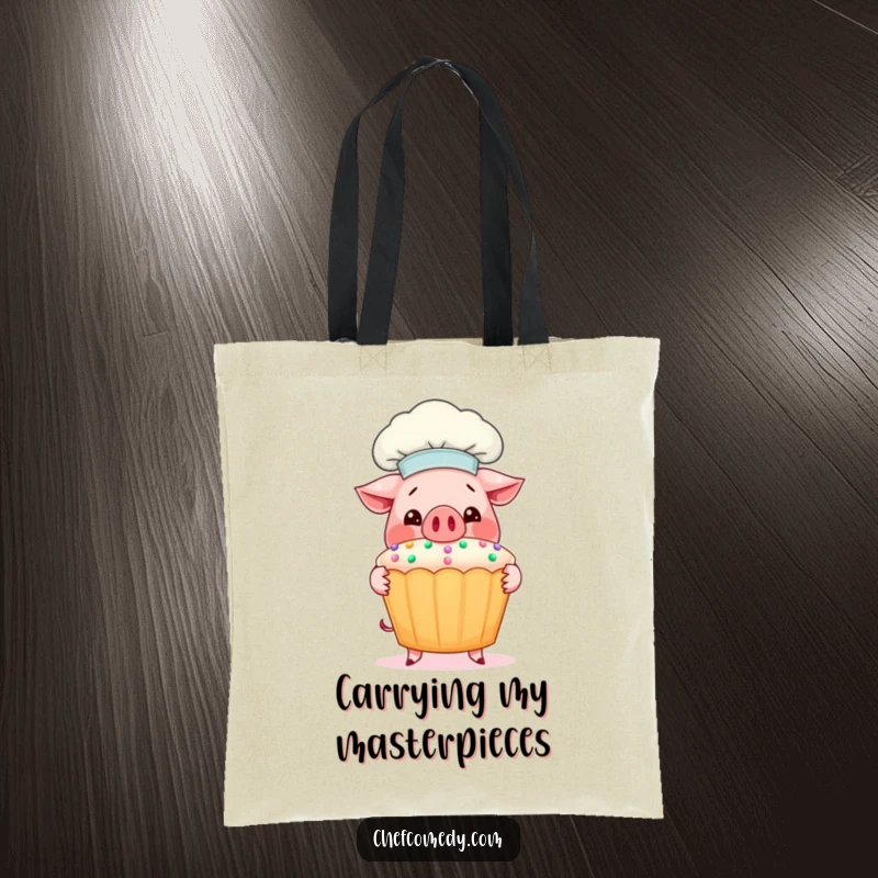 Funny Pig Chef Tote Bag: A joyful pig chef showcases a large, decorated cupcake, perfect for stylish grocery trips.