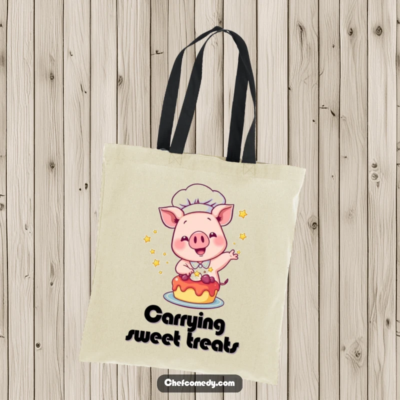 Funny Pig Chef Tote Bag: A pig chef excitedly sprinkles shining stars onto a dessert, a charming and functional accessory.